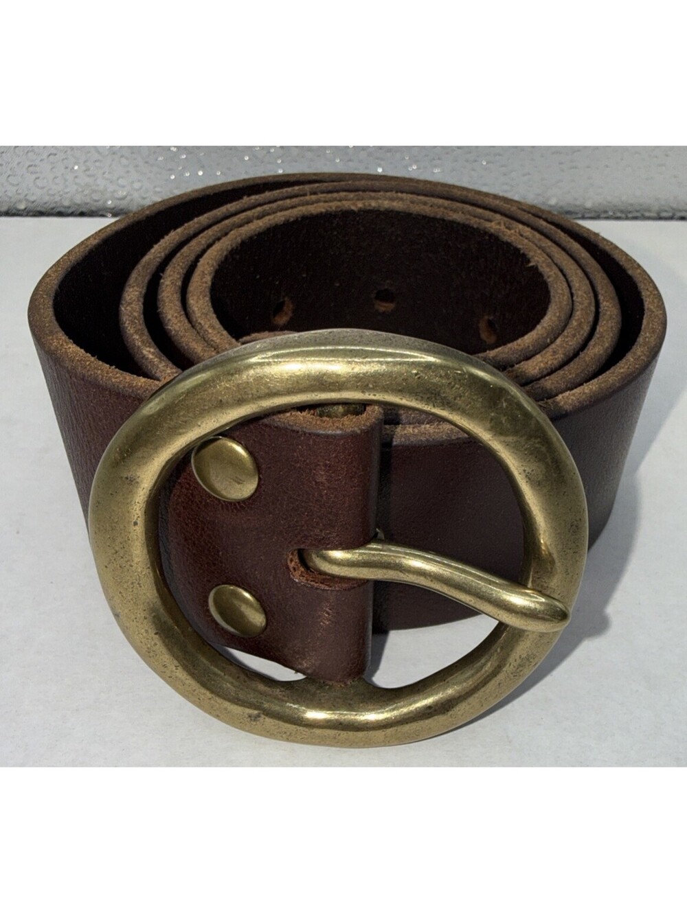 Crew 83499 Italian Leather Belt Brown Brass Round Buckle Made USA 39” L 1.5” W
